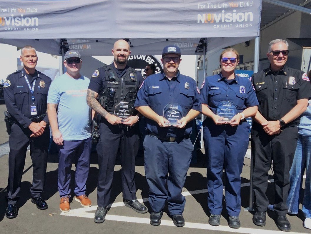 Nuvision’s 3 hero award winners and police and fire department commanders, with Nuvision CEO, Roger Ballard