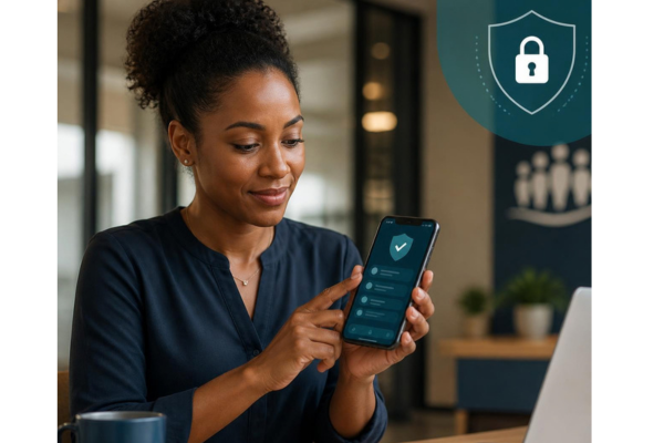 Photograph in a welcoming credit union setting with a credit union staff member attentively reviewing a secure mobile banking screen on a smartphone.