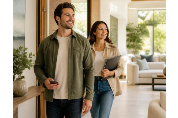 Photograph of a smiling and confident couple walking into a sunlit modern home during an open house, carrying a modern smartphone and a clean professional folder.