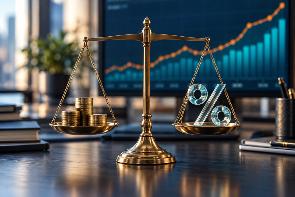 A brass balance scale weighs stacks of coins against a glass percentage symbol, with financial charts in the background, representing the balance between interest rate risk and investment returns.