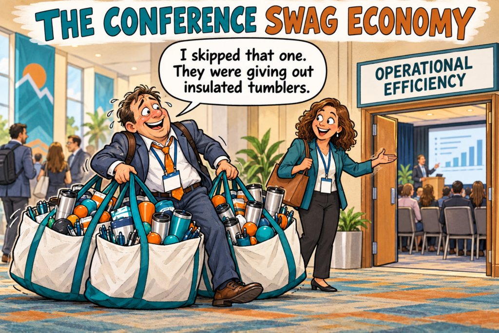 A credit union executive struggles down a conference hallway with three oversized bags stuffed with giveaway pens, stress balls, and insulated tumblers. As a colleague points toward a session on “Operational Efficiency,” he explains: “I skipped that one. They were giving out insulated tumblers.”